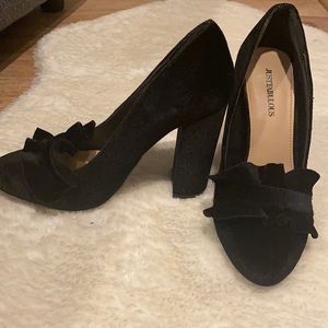Velvet ruffle block heels